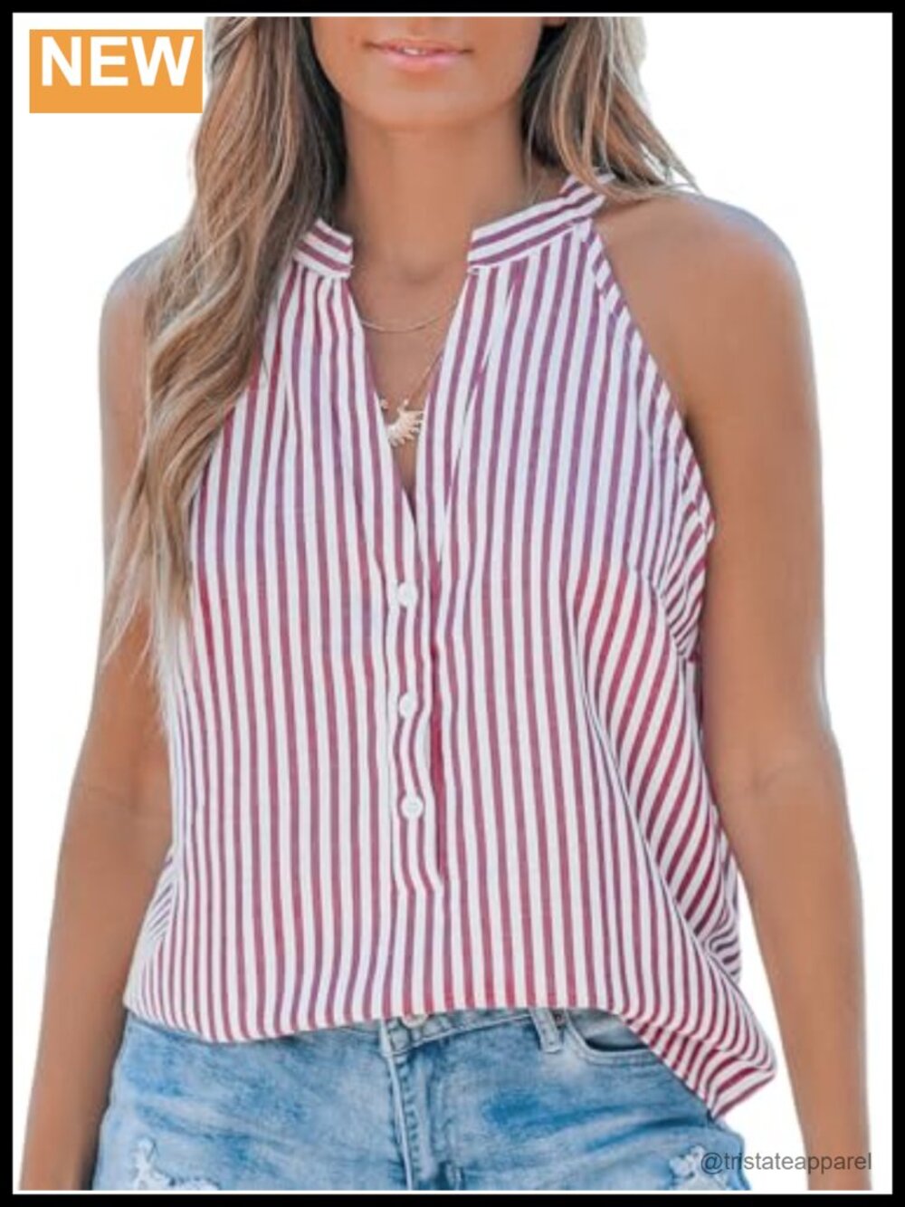 Striped V-Neck Button Front Sleeveless Tank Top Casual Summer Blouse